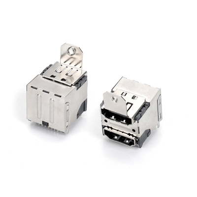 雙層HDMI DIP三排 帶定位柱,LCP黑膠半金GF 外殼不銹鋼,有耳7.2mm無柱