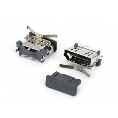 HDMI 19PIN A母直立式SMT型,加彈片,不銹鋼外殼，端子半金1U霧錫,LCP黑色