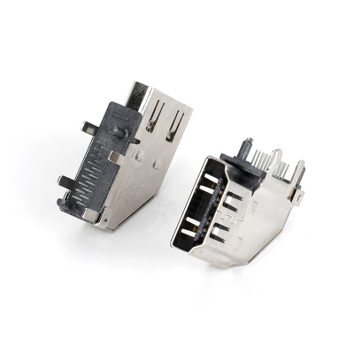 HDMI 19PIN側(cè)插式,銅殼鍍鎳,端子GF,帶定位柱 外殼前青蛙腳邊距7.80mm,后直腳