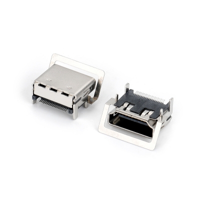 HDMI SMT刺破式銅殼鍍鎳 四直腳兩彈片 側面帶彈模印 無小耳朵 D款彈片 端子GF