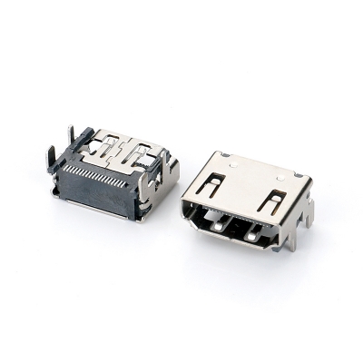 HDMI TYPE AF 90度 插板式 LCP黑膠端子 SMT 半金GF 鐵殼鍍鎳